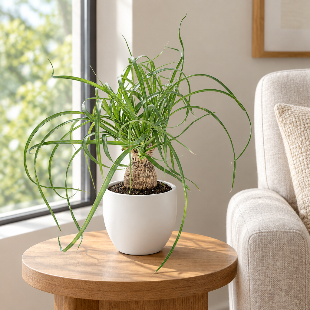 Young Ponytail Palm styled in separately sold white Basel planter by living room window