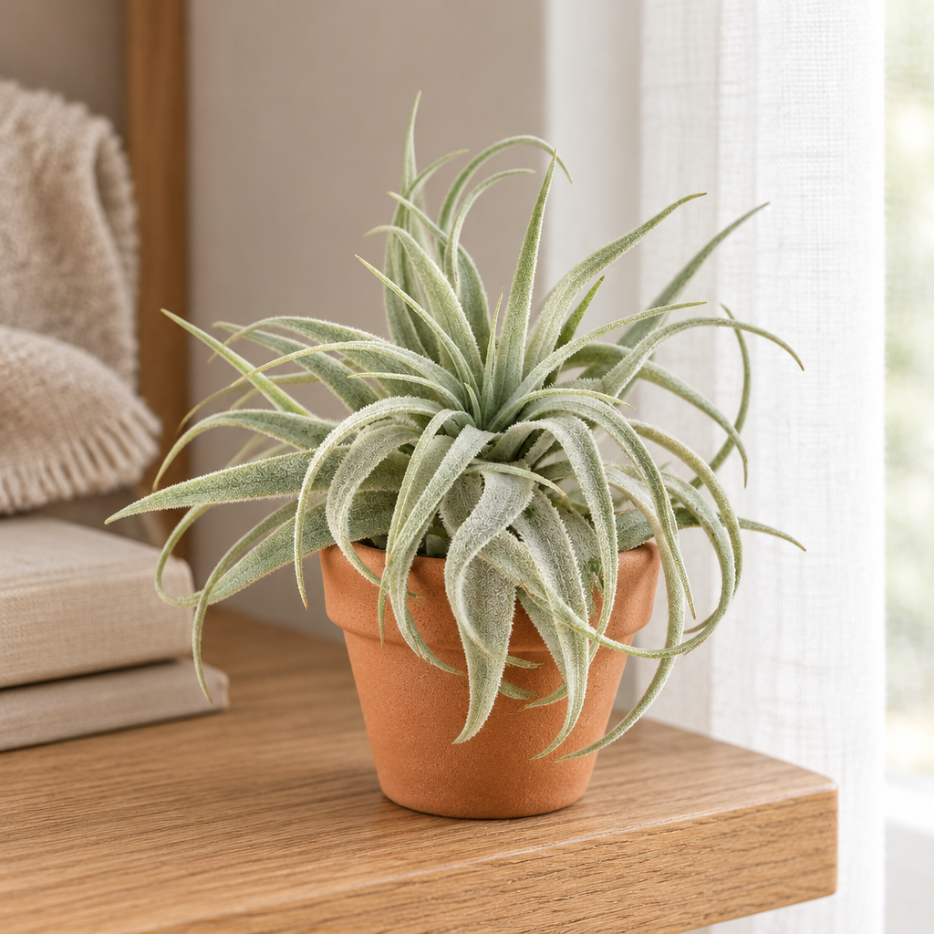 Tillandsia Gardneri var. Rupicola styled in a terracotta holder on an oak shelf beside a window; holder not included