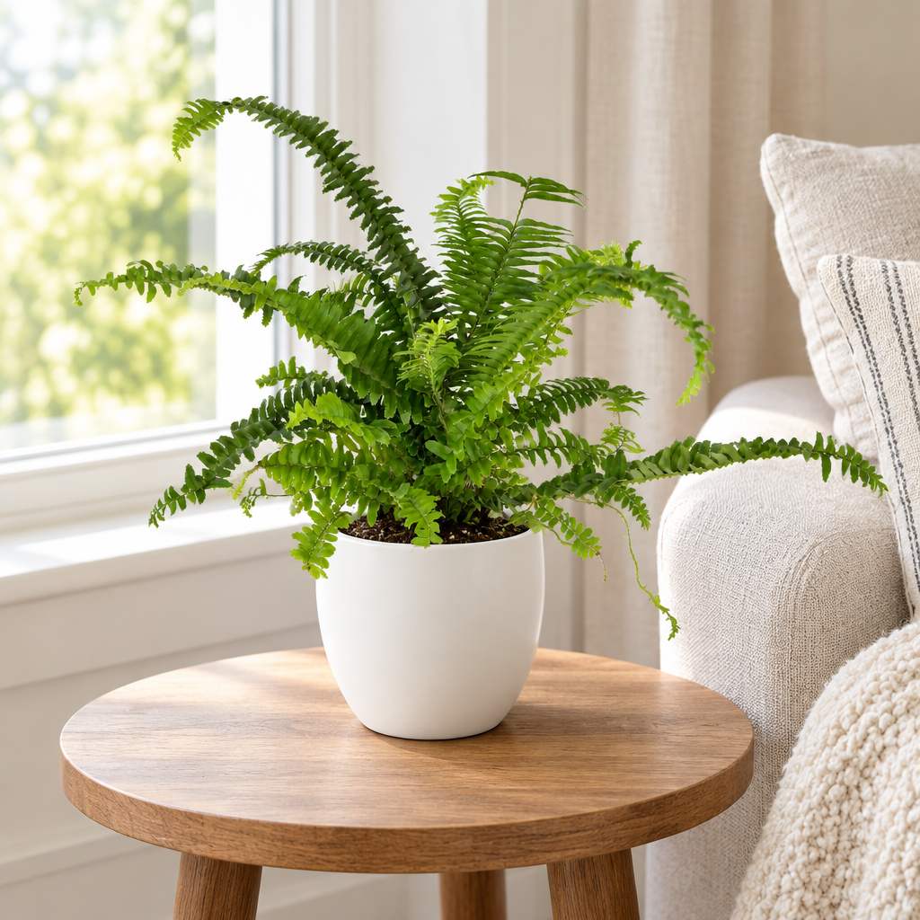 Jester Crown fern styled in separately sold white Basel planter on living room table