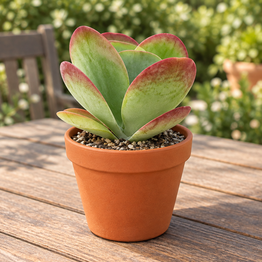 Flapjacks Kalanchoe in terracotta pot on a sunny patio table; pot not included
