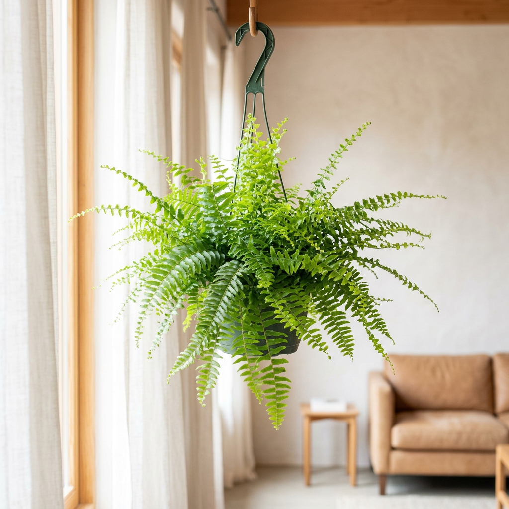Boston Fern hanging in its nursery pot near a bright indoor window