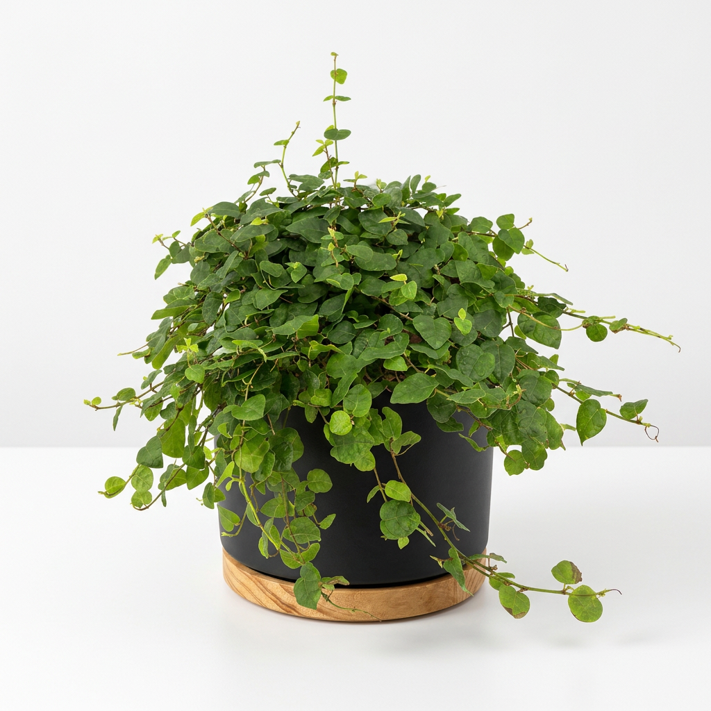 Creeping Fig with small green leaves and trailing vines styled in a black Oslo 6-inch planter with wood-grain base; decorative planter sold separately, plant ships in a 6-inch hanging nursery pot