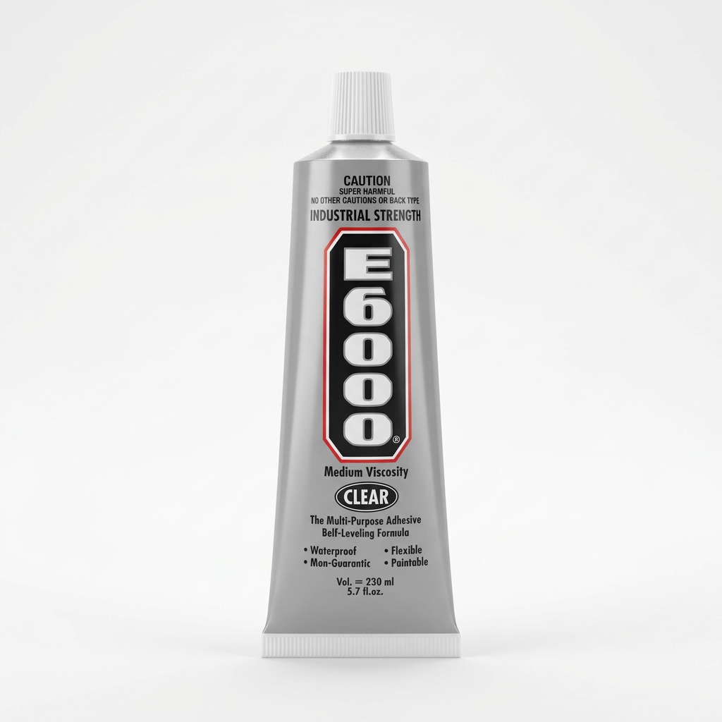 Large 3.7 oz E6000 clear adhesive tube with white cap and red-outlined black label on a white background.