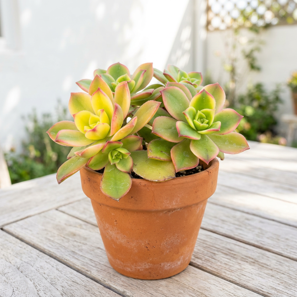Aeonium Kiwi styled on a bright outdoor patio in a terracotta pot; decorative pot sold separately