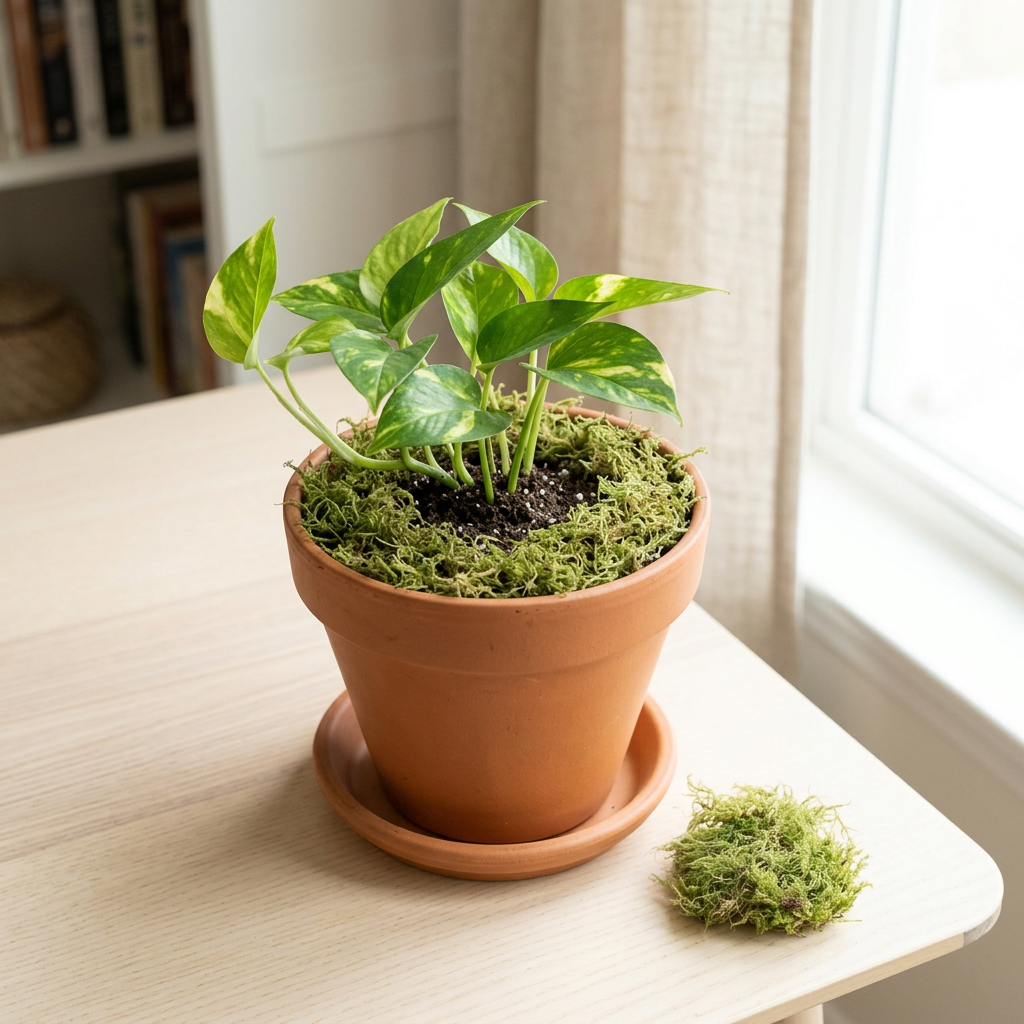 Dried green sheet moss styled as a loose soil topper around pothos; plant and pot sold separately
