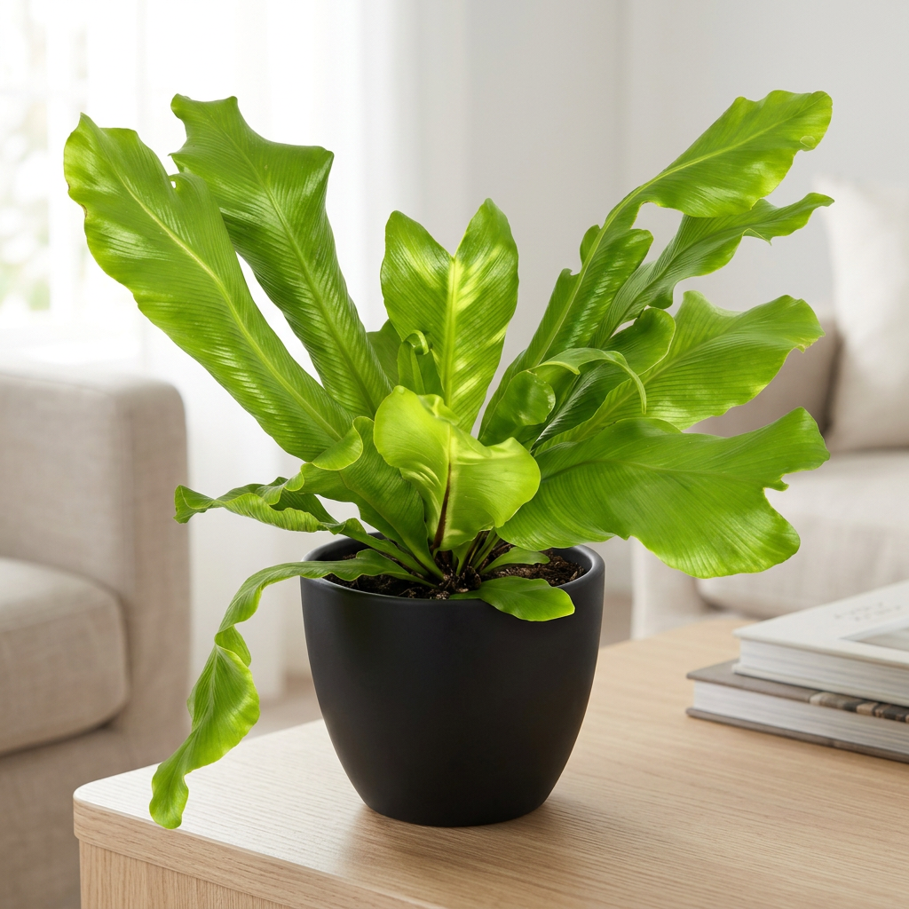 Young Bird’s Nest Fern in a black BASEL 4.7-inch planter on a living-room side table; planter sold separately, plant ships in a 4-inch nursery grow pot, furnishings not included