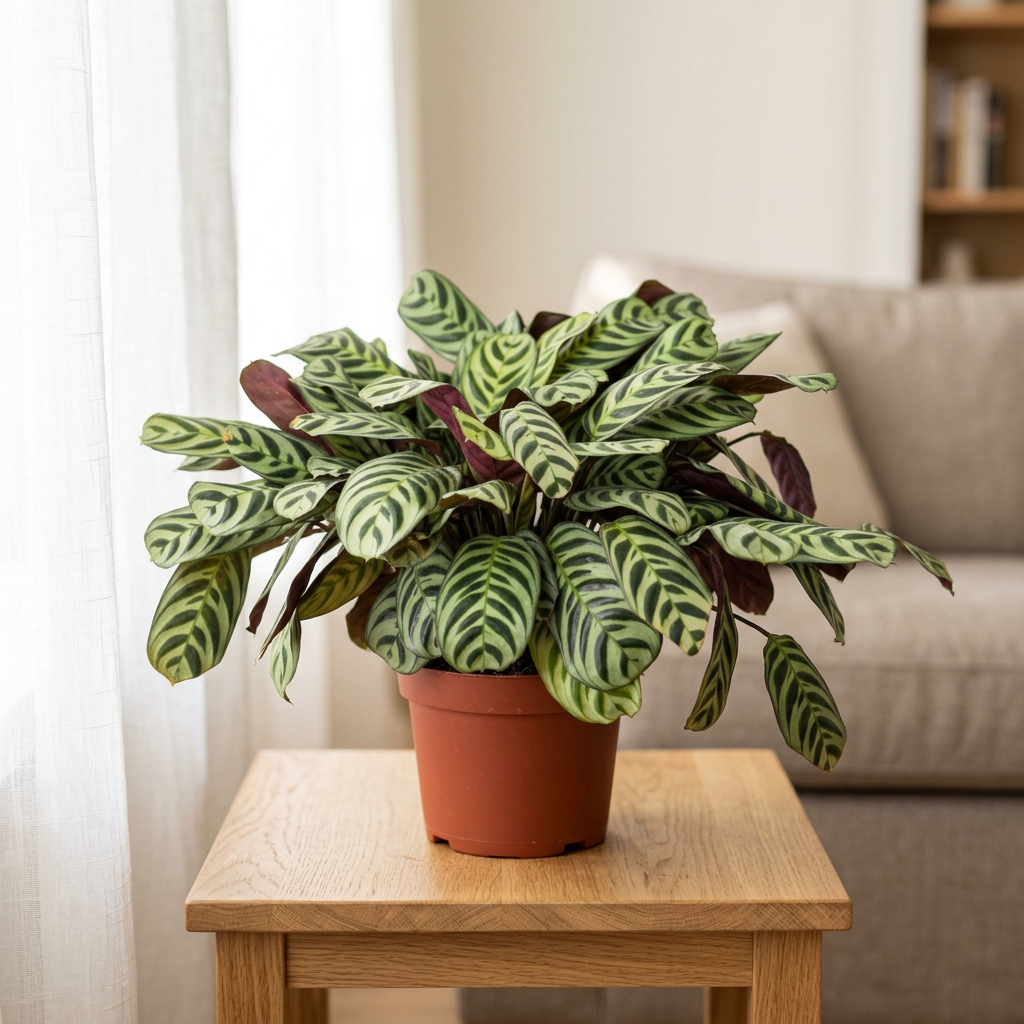 Burle Marx Prayer Plant in its nursery pot on a side table near a bright indoor window