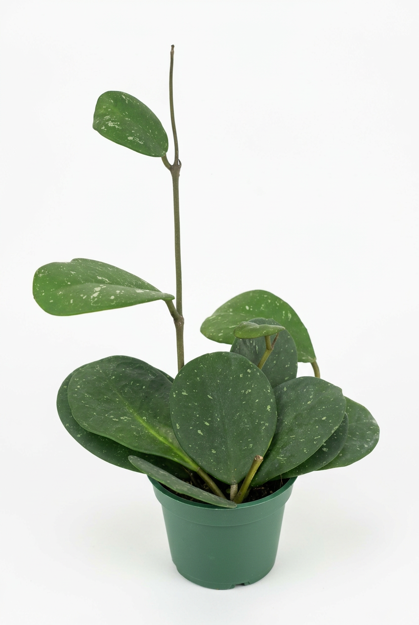 Hoya obovata with silver-flecked rounded green leaves and upright runner in a green 4-inch nursery pot on white.