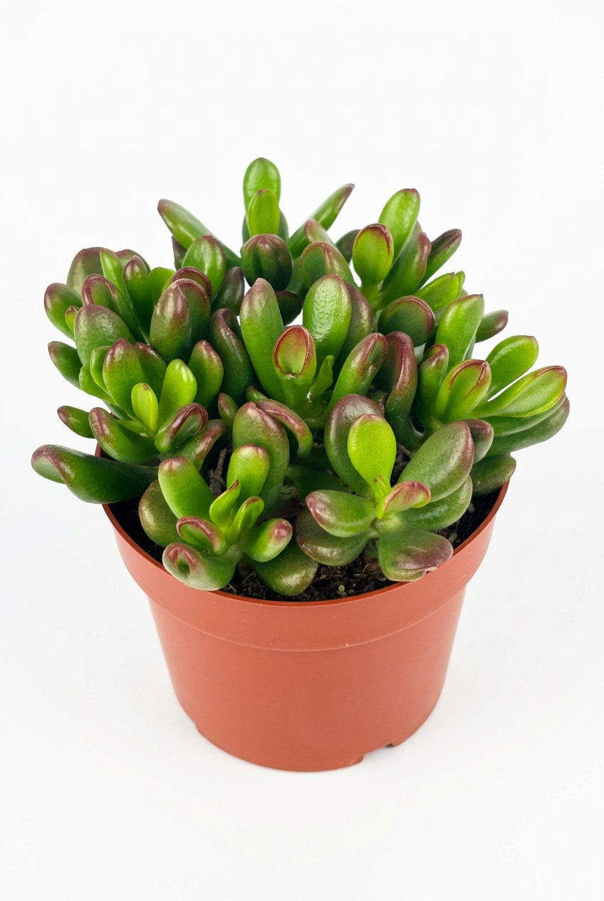 Hobbit Jade with thick curled green leaves and reddish edges in a reddish-brown 4-inch nursery pot on white.
