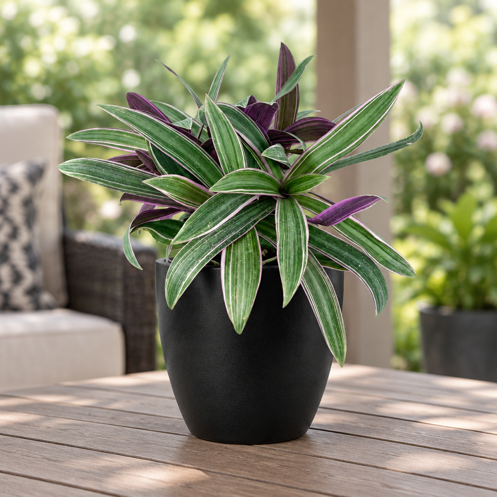 Moses in the Cradle in a black BASEL planter on a shaded patio table, planter sold separately