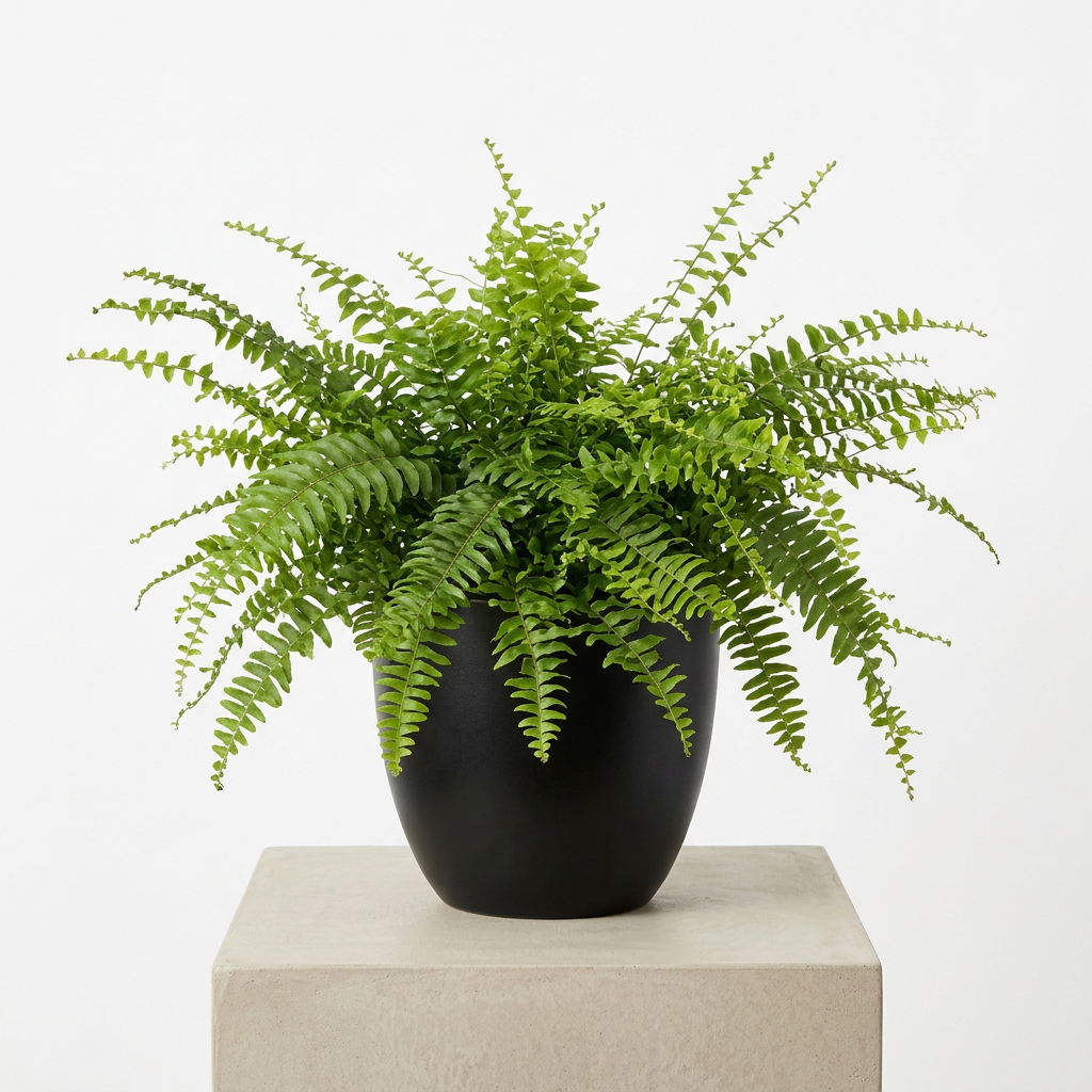 Boston Fern styled in a black BASEL decorative planter, sold separately