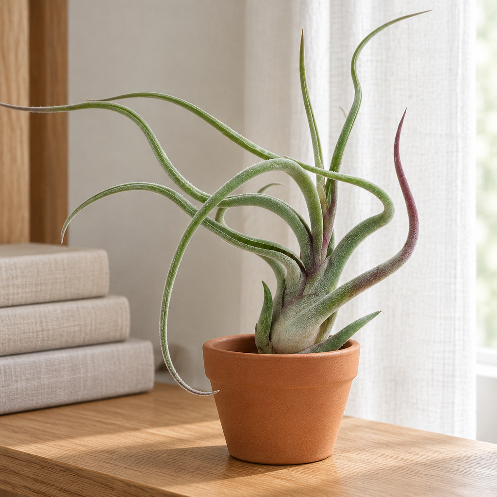 Tillandsia Caput-Medusae styled in a terracotta holder on an oak shelf beside a window; holder not included