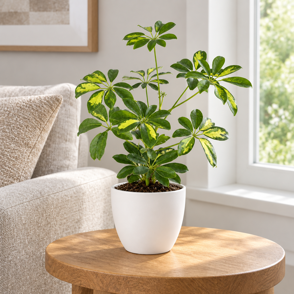 Gold Capella umbrella tree styled in separately sold white Basel planter on living room table