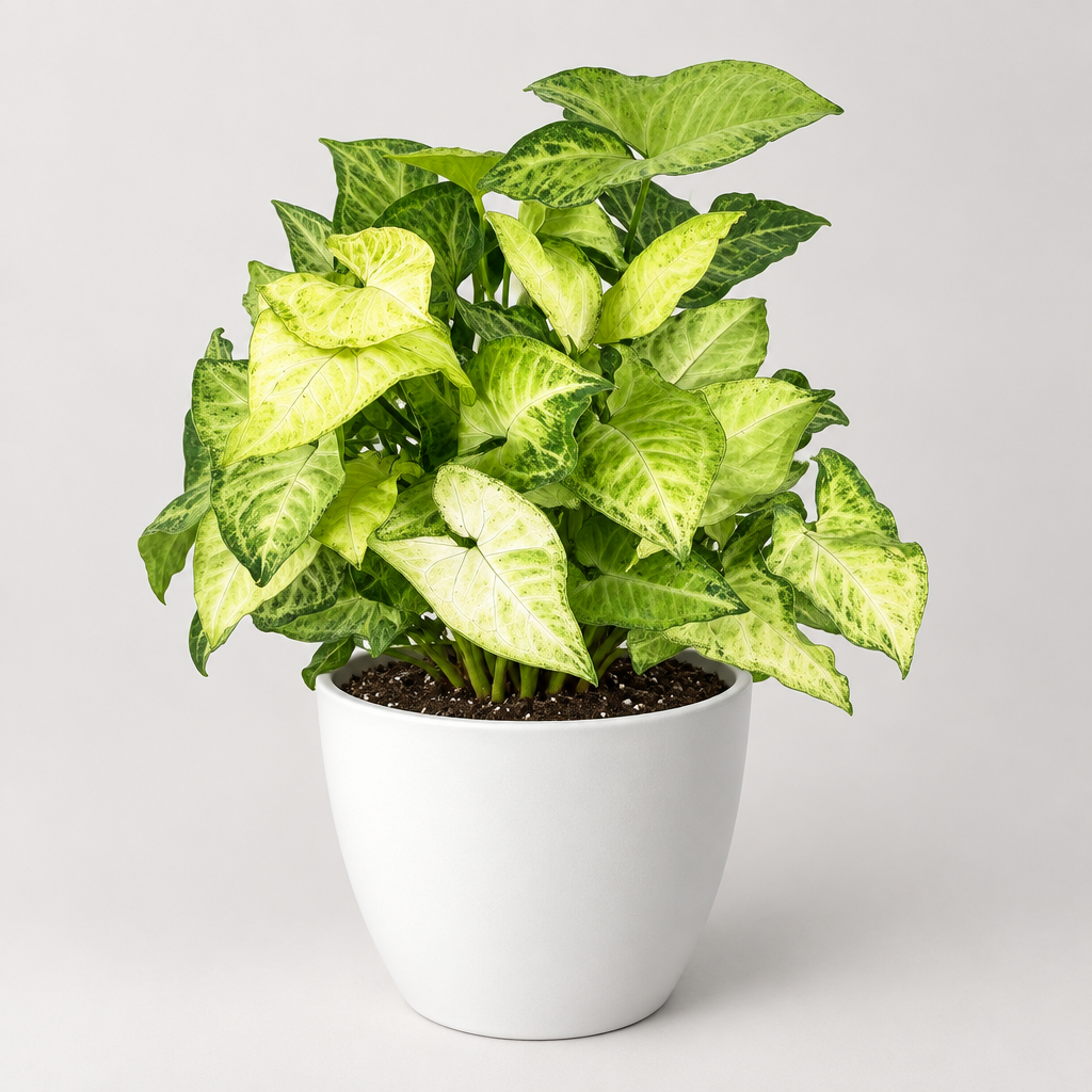 Syngonium White Butterfly with green and cream arrowhead leaves styled in a white 6-inch Basel pot
