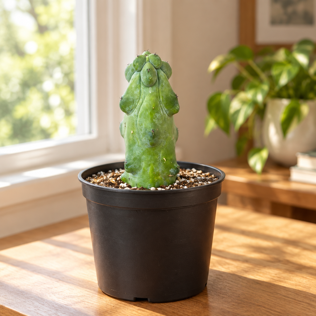 Boobie Cactus with rounded blue-green ribs in a nursery pot on a bright indoor windowsill