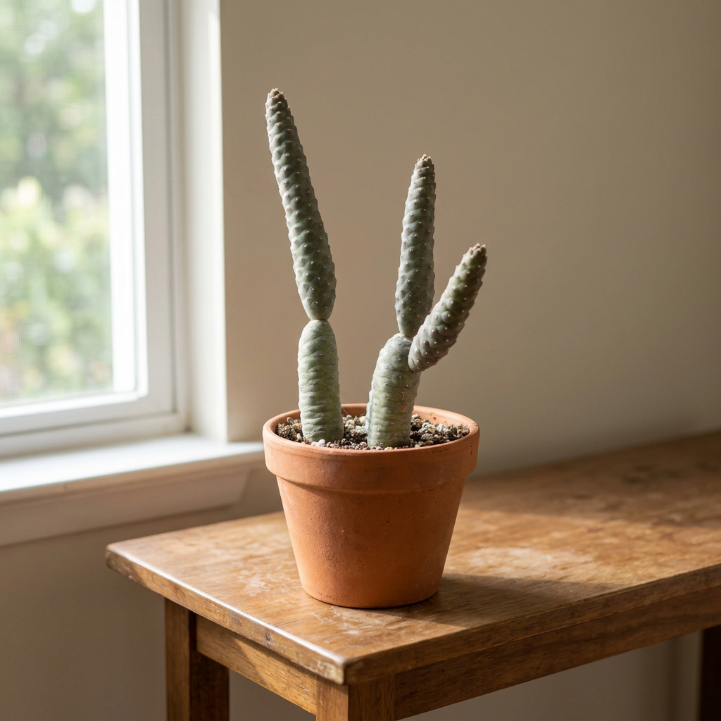 Pinecone Cactus styled in a terracotta pot beside a sunny indoor window; decorative pot and furnishings not included.