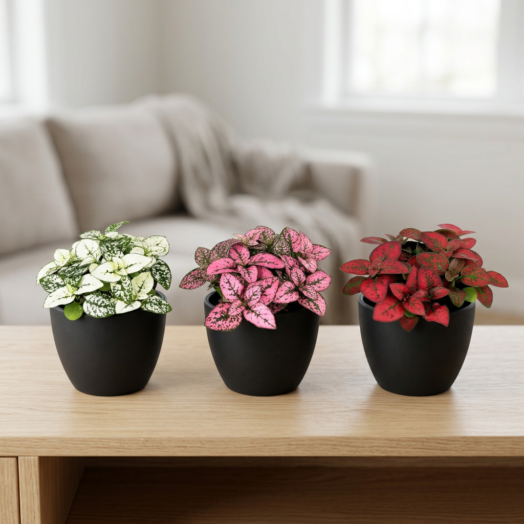 White, pink and red Hypoestes Splash trio in three black BASEL 4.7-inch planters on a bright living-room console; planters sold separately, each plant ships in a 3.5-inch nursery grow pot, furnishings not included