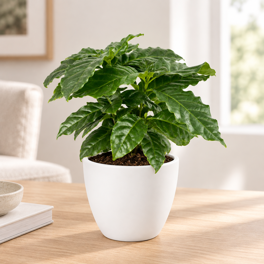 Young coffee plant styled in white Basel 4.7-inch planter; planter sold separately