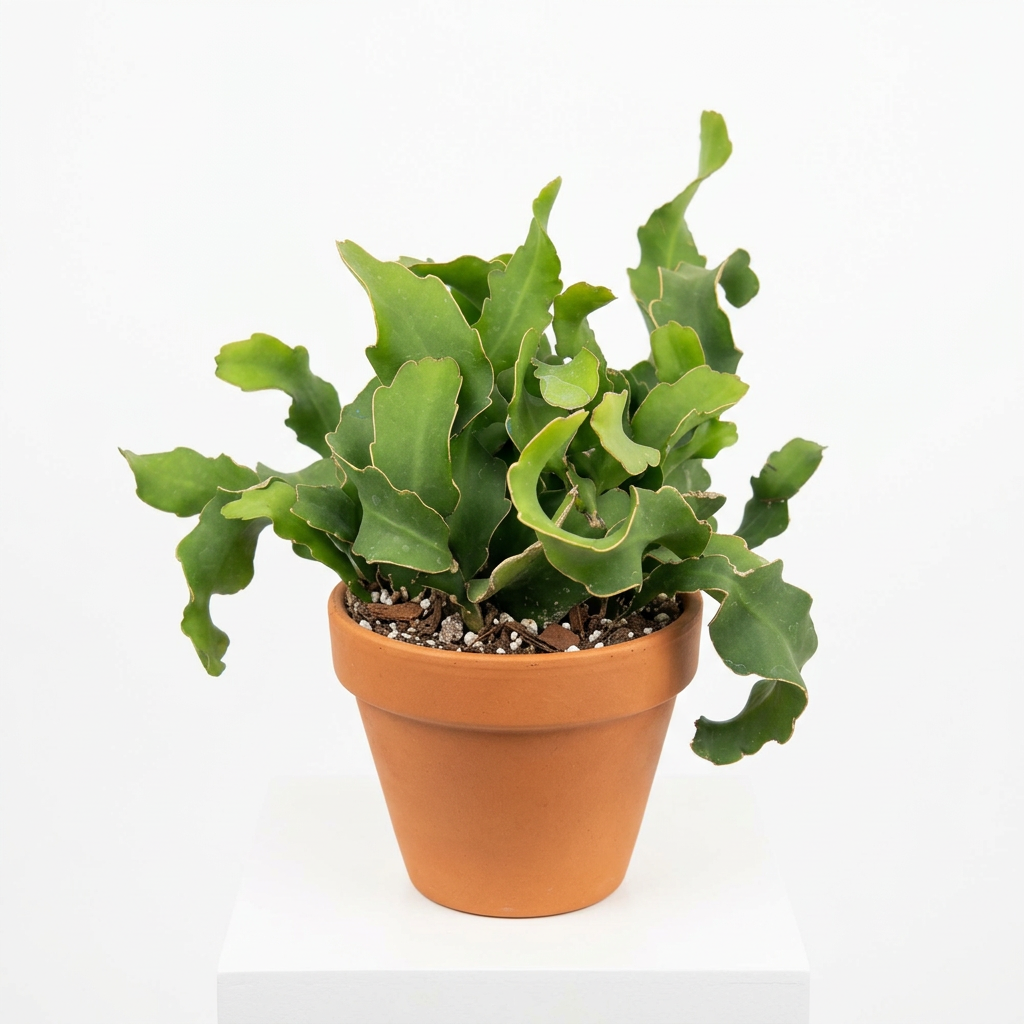 Epiphyllum Guatemalense Monstrose styled in a terracotta pot on white; decorative pot sold separately