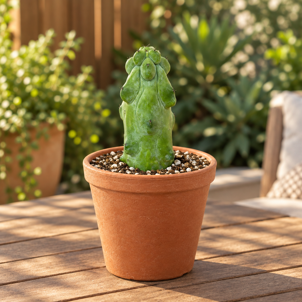 Boobie Cactus with rounded blue-green ribs in a warm terracotta pot on a sunny patio
