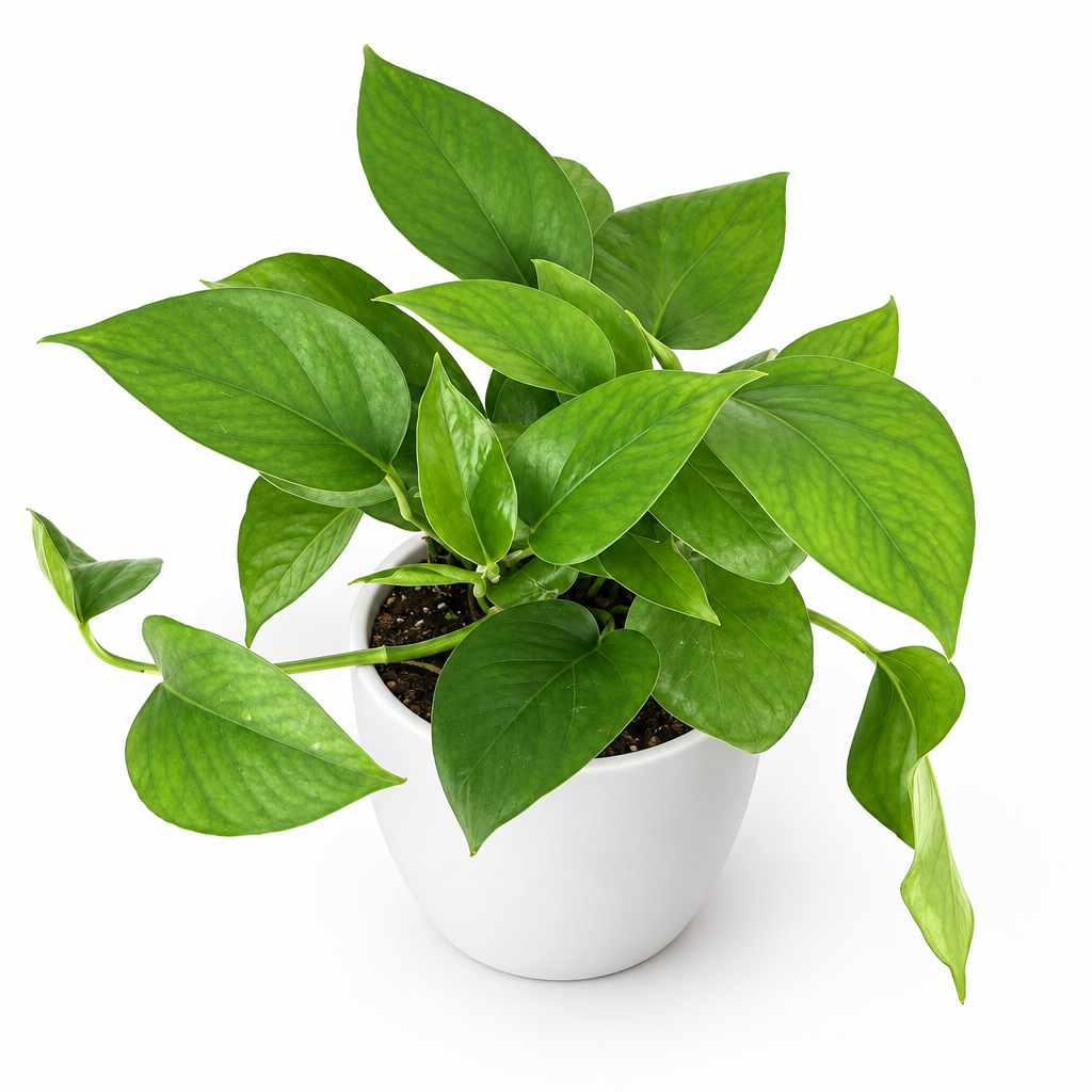 Green Queen Pothos styled in white Basel 4.7-inch planter, sold separately