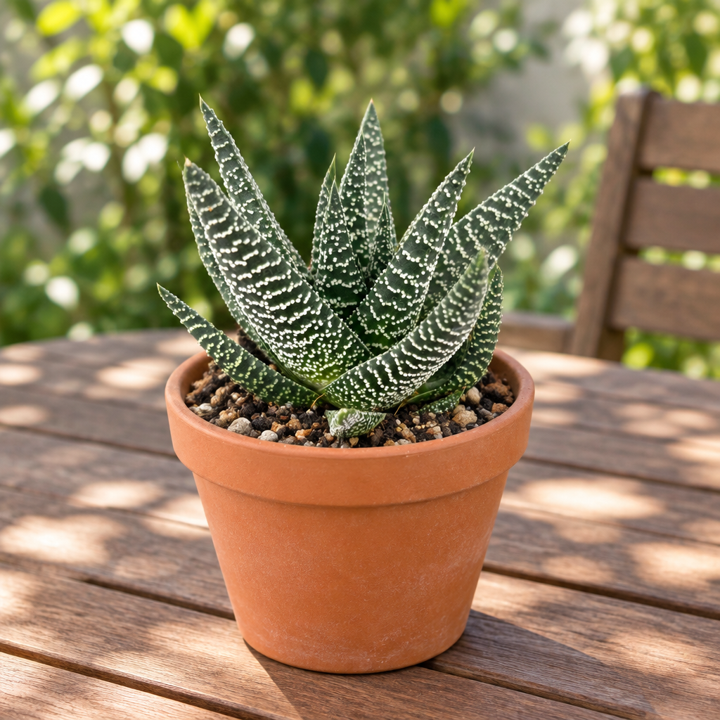 Gasteraloe Okavango in terracotta pot on outdoor patio table; decorative pot not included