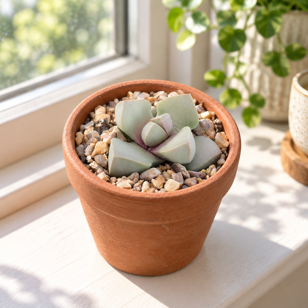 Karoo Split Rock Lapidaria margaretae in a terracotta pot on an indoor windowsill, decorative pot not included