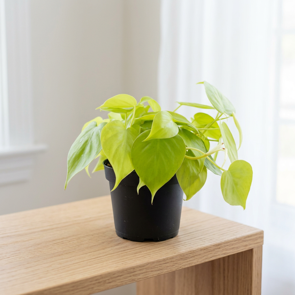 Philodendron Cordatum Neon in its 4-inch nursery pot on a light wood shelf near a bright indoor window
