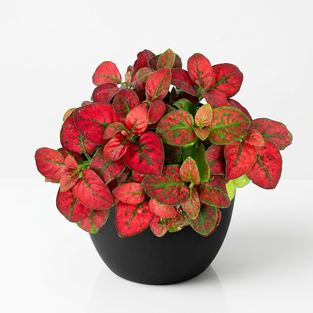 Hypoestes Red Splash Polka Dot Plant in a black BASEL 4.7-inch planter on white; planter sold separately, plant ships in a 3.5-inch nursery grow pot