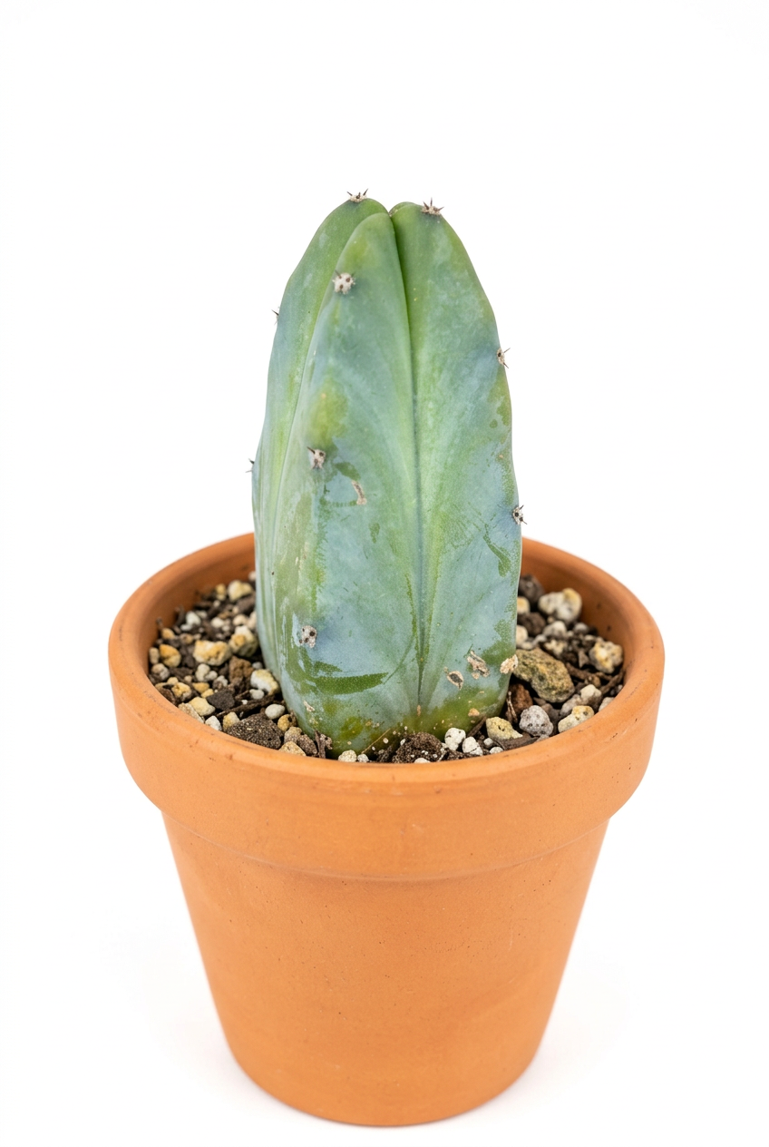 Blue Candle Cactus styled in classic terracotta with gritty soil on white; decorative pot sold separately.