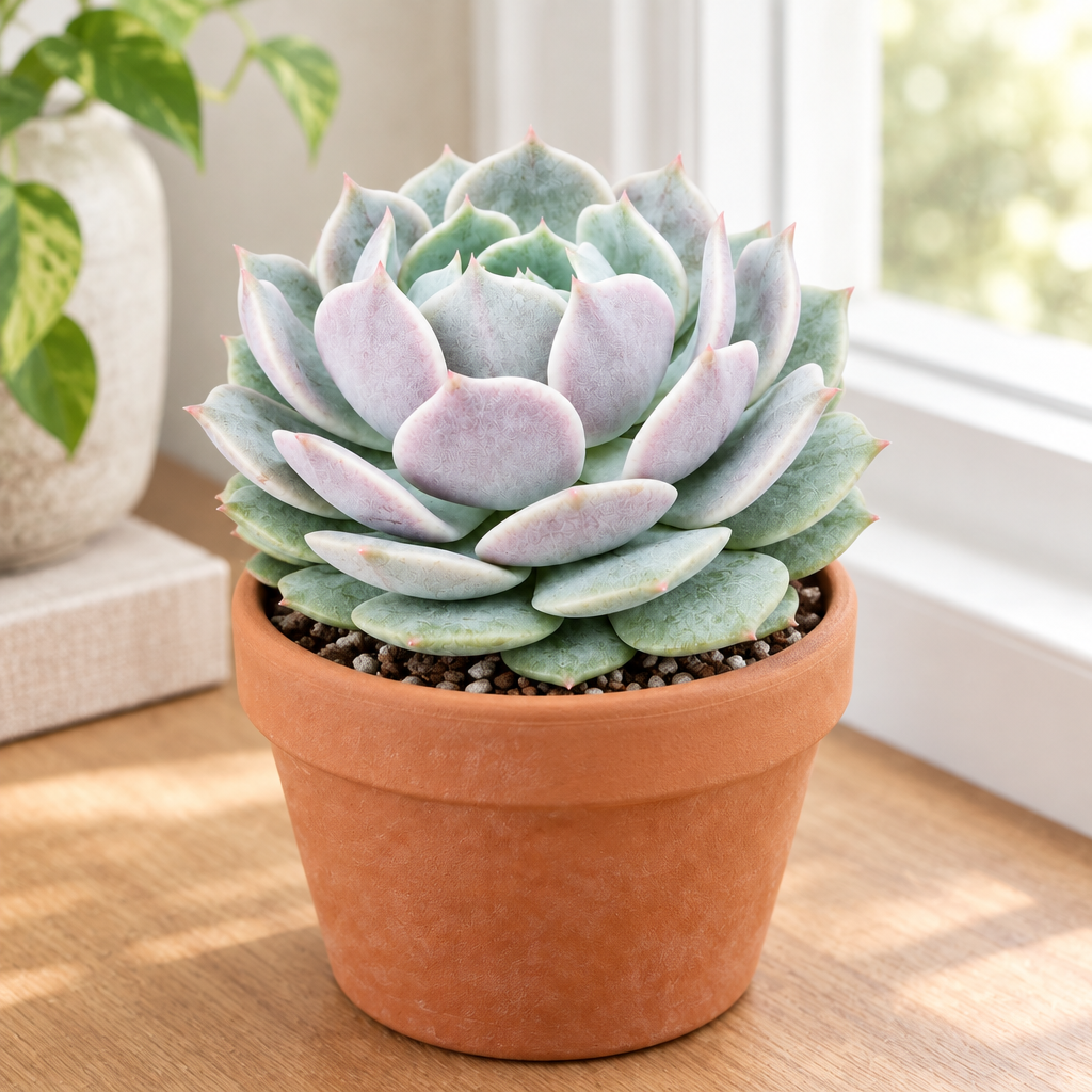 Echeveria Lola succulent in a warm terracotta pot by a bright window