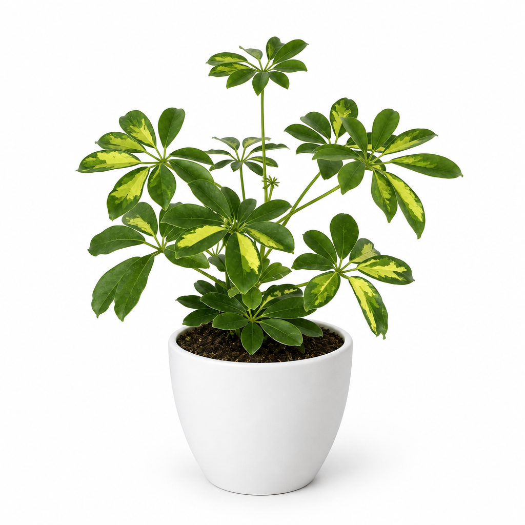 Gold Capella umbrella tree styled in separately sold white Basel planter on white background