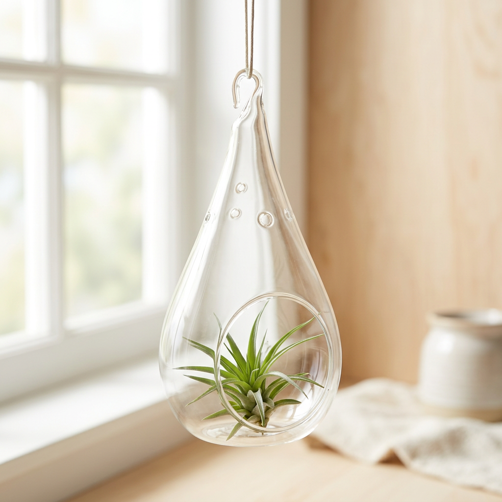 Hanging 7.25-inch glass teardrop orb styled with an air plant indoors; plant sold separately