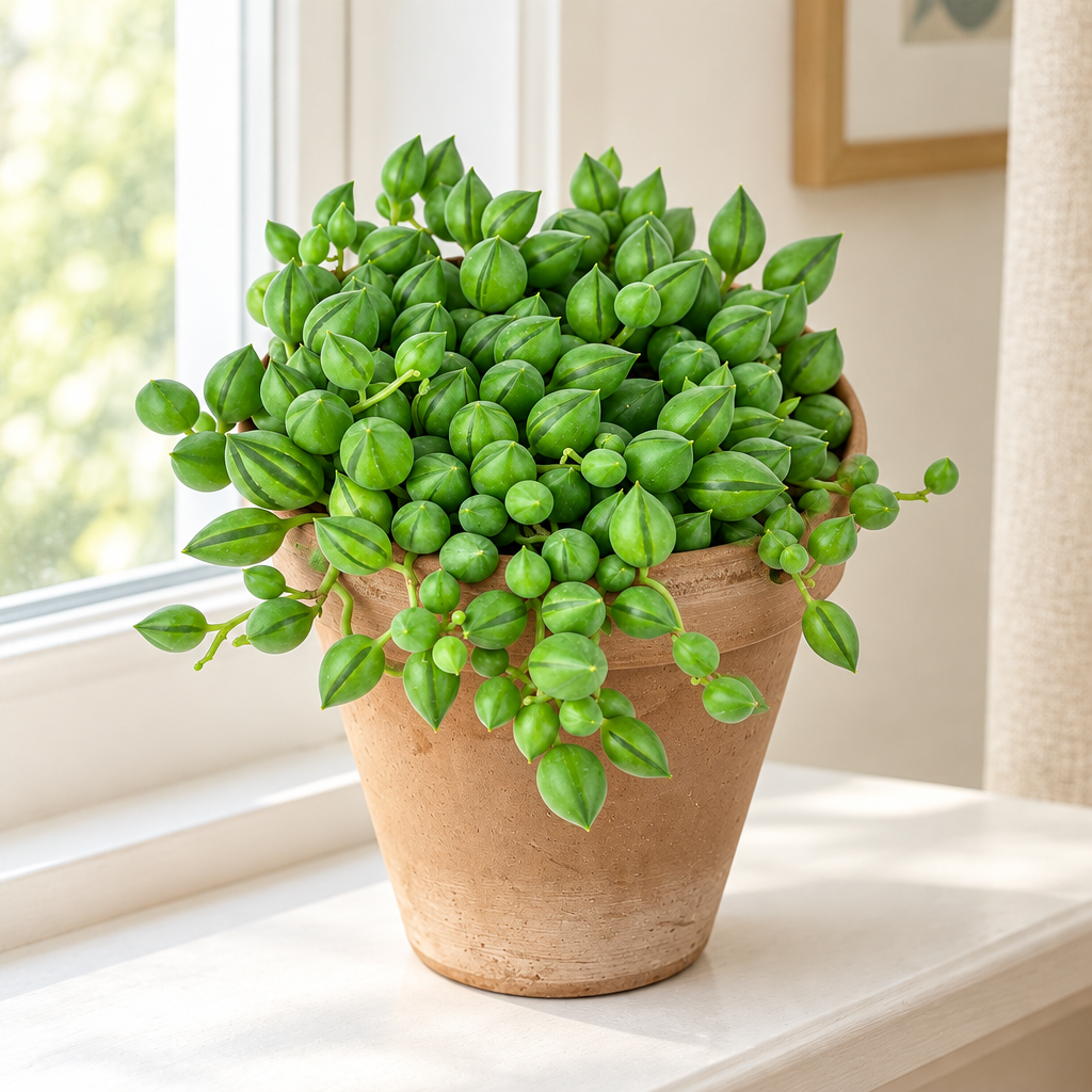 String of Raindrops with solid green striped teardrop leaves in warm orange terracotta on a bright indoor windowsill