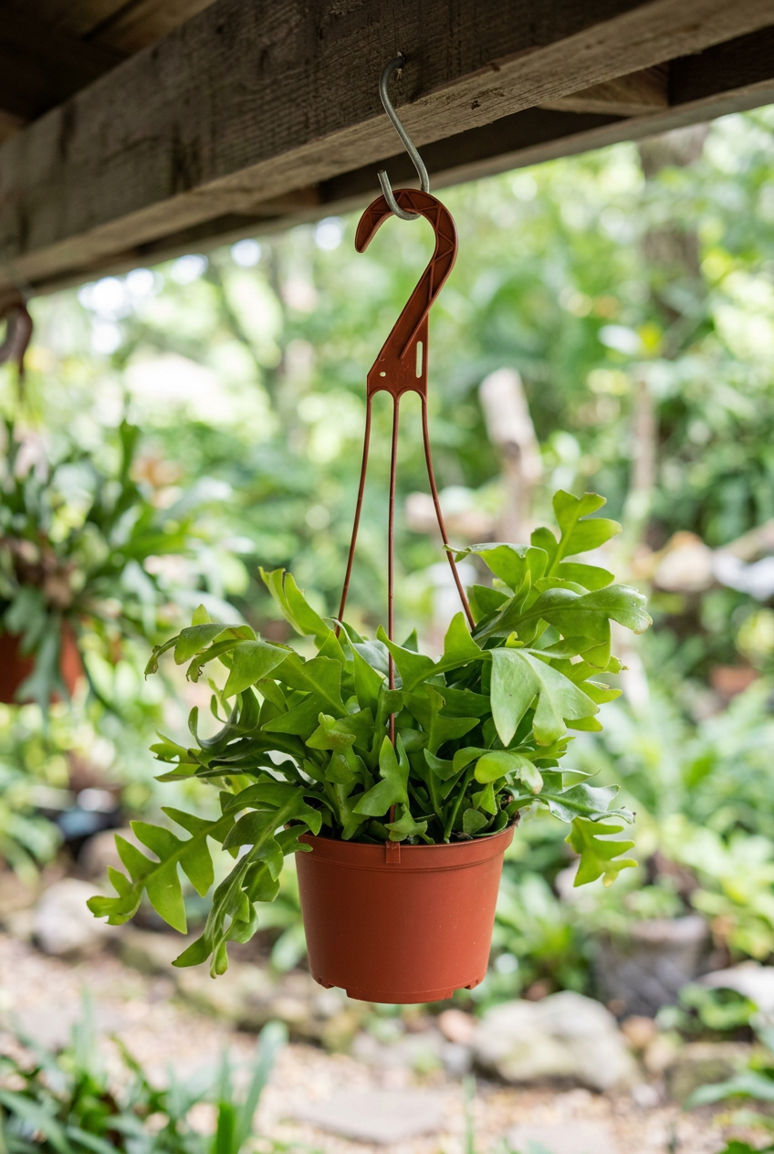 Shark Tooth Orchid Cactus in its reddish-brown plastic nursery hanging pot with matching plastic hanger on a sheltered shaded porch.
