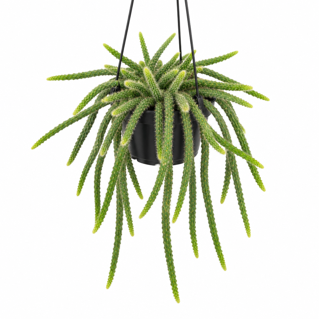 Rat Tail Cactus with trailing green stems in a black 6-inch hanging pot on white