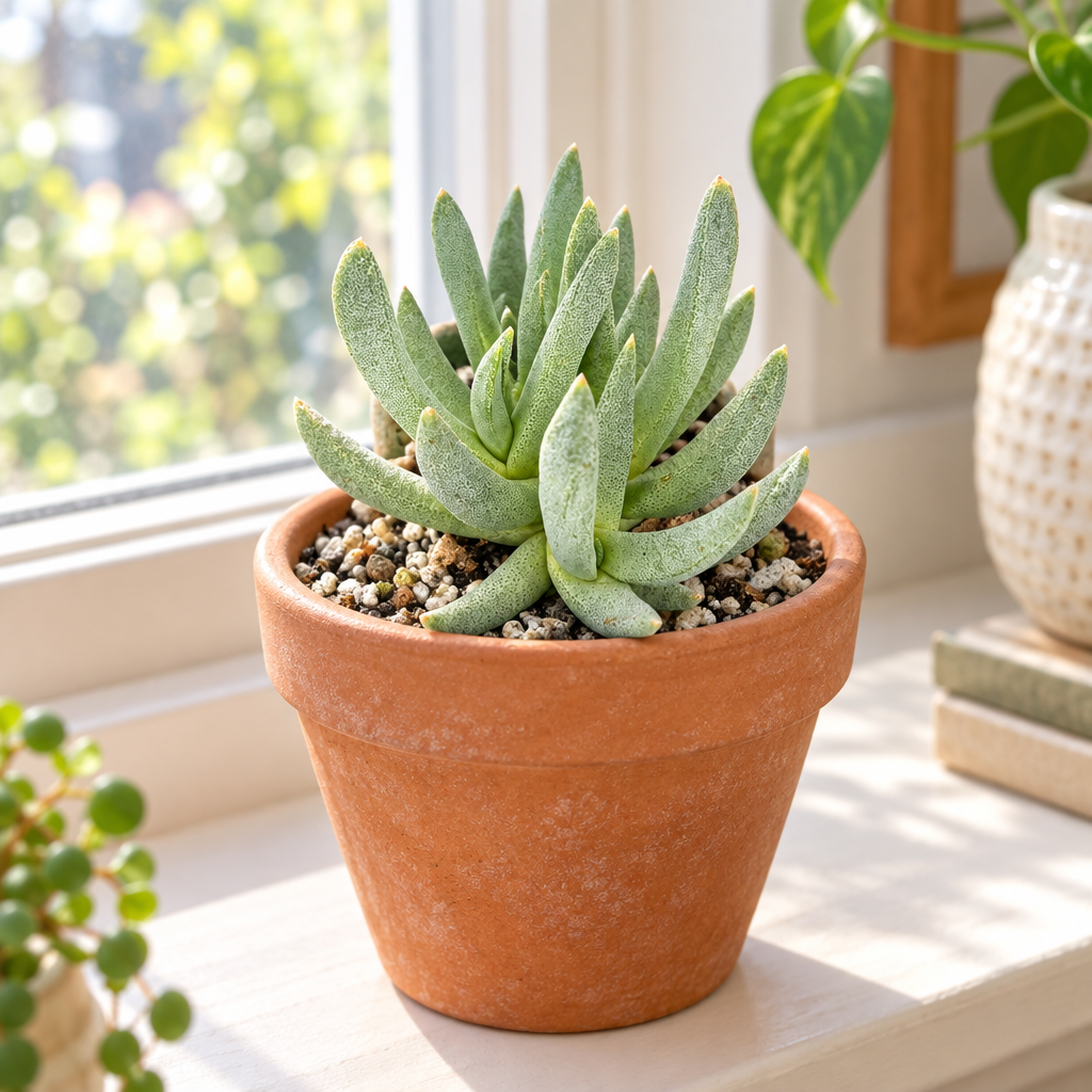 Ebracteola wilmaniae in terracotta on a bright indoor windowsill