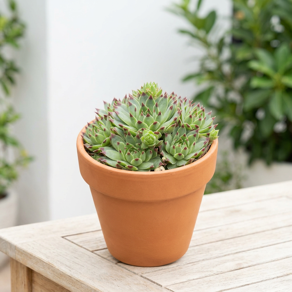 Sempervivum calcareum styled on an outdoor patio in a terracotta pot; decorative pot sold separately