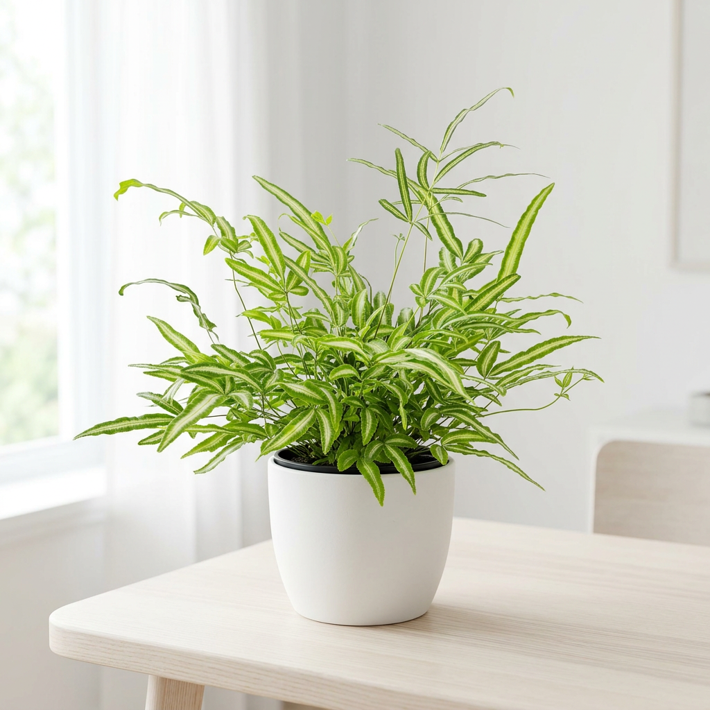Pteris Albo fern styled near a bright indoor window in a white BASEL planter; decorative planter sold separately