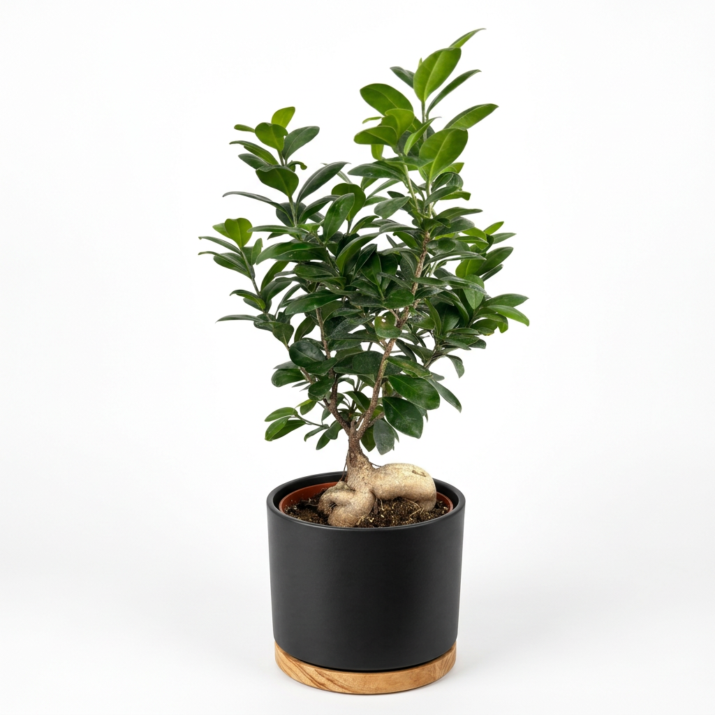 Ginseng Ficus styled in a black six-inch OSLO planter with wood-grain base; plant and decorative planter sold separately.