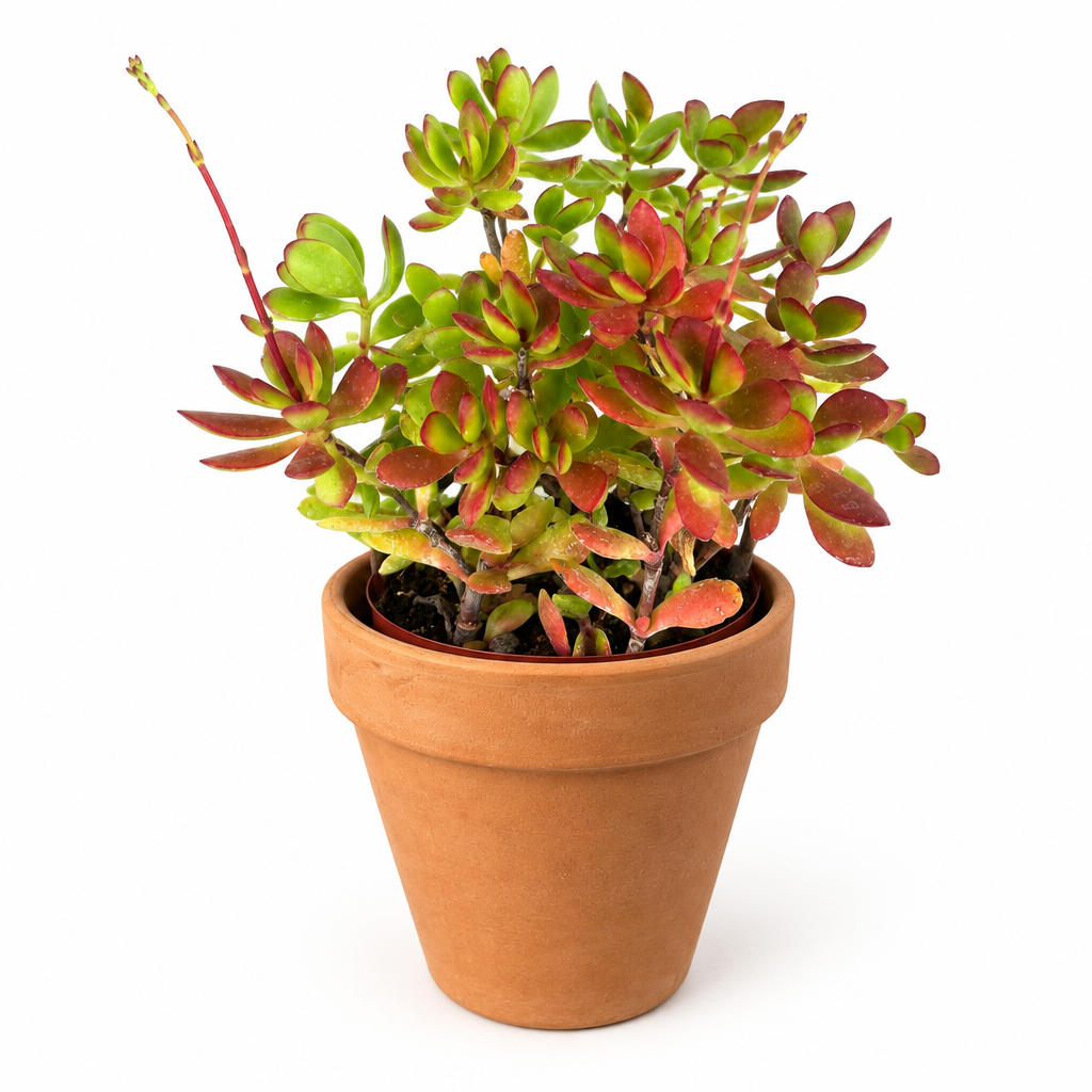 Crassula Red Carpet succulent with green and red clustered leaves in warm orange terracotta on white
