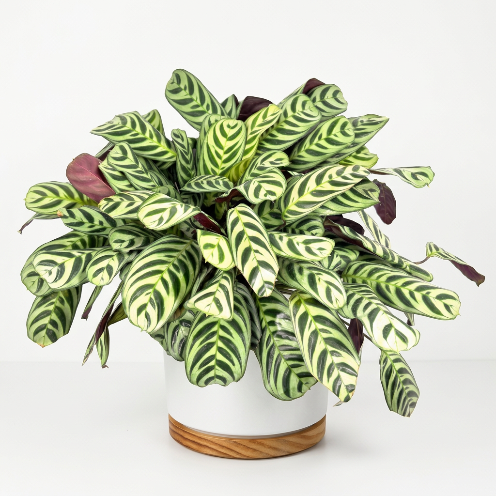 Burle Marx Prayer Plant styled in a white OSLO decorative planter with wooden base, sold separately