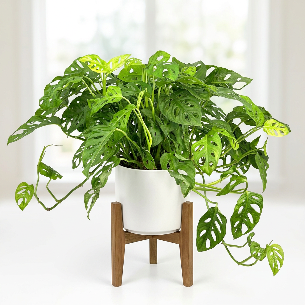 Jumbo Monstera adansonii styled indoors in a white ceramic cover pot on a stand; decorative pot and stand sold separately.