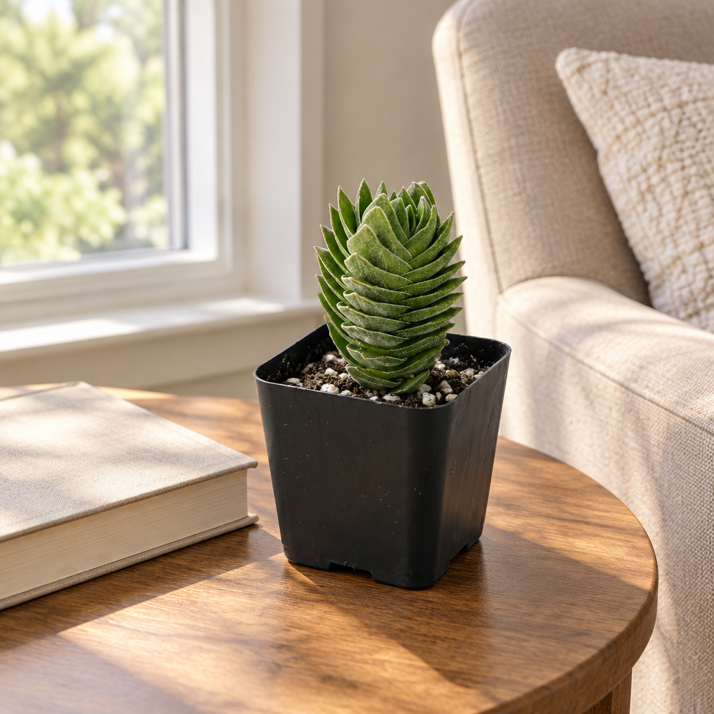 Buddha’s Temple Crassula succulent in 4-inch nursery pot beside a living room window
