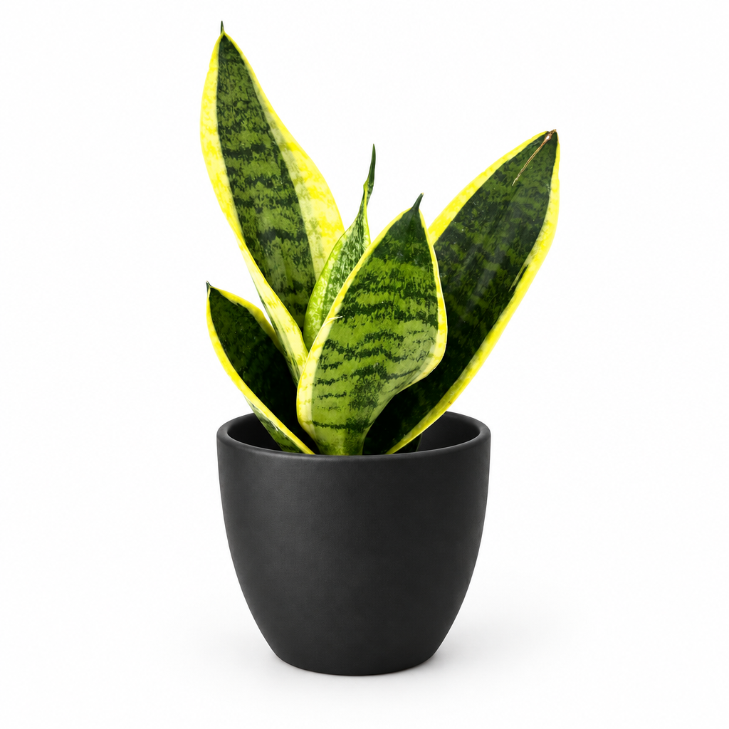 Sansevieria Futura Superba styled in a black BASEL 4.7-inch planter on a white background; planter sold separately