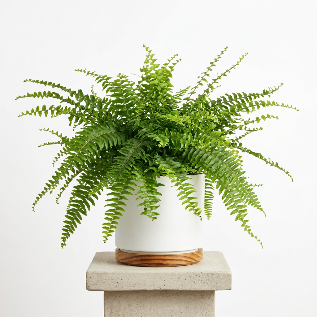 Boston Fern styled in a white OSLO decorative planter with wooden base, sold separately