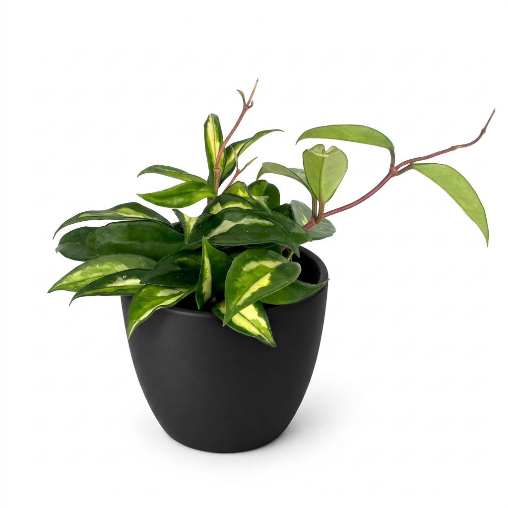 Hoya Krimson Princess styled in a black BASEL 4.7-inch planter on a white studio background; decorative planter sold separately