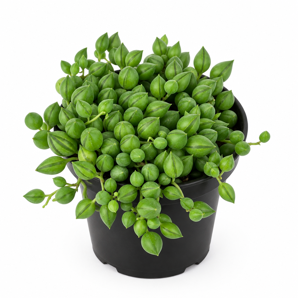 String of Raindrops succulent with solid green striped teardrop leaves in a black 4-inch nursery pot on white