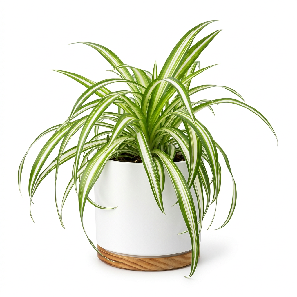 Variegated Spider Plant in a white Oslo planter with a wood-grain base on a white background; decorative planter sold separately