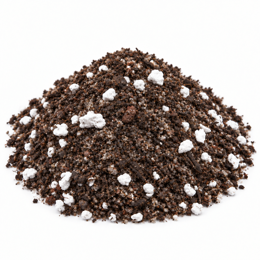 Succulent and cactus soil blend piled on a white background, showing brown potting soil and white perlite and pumice